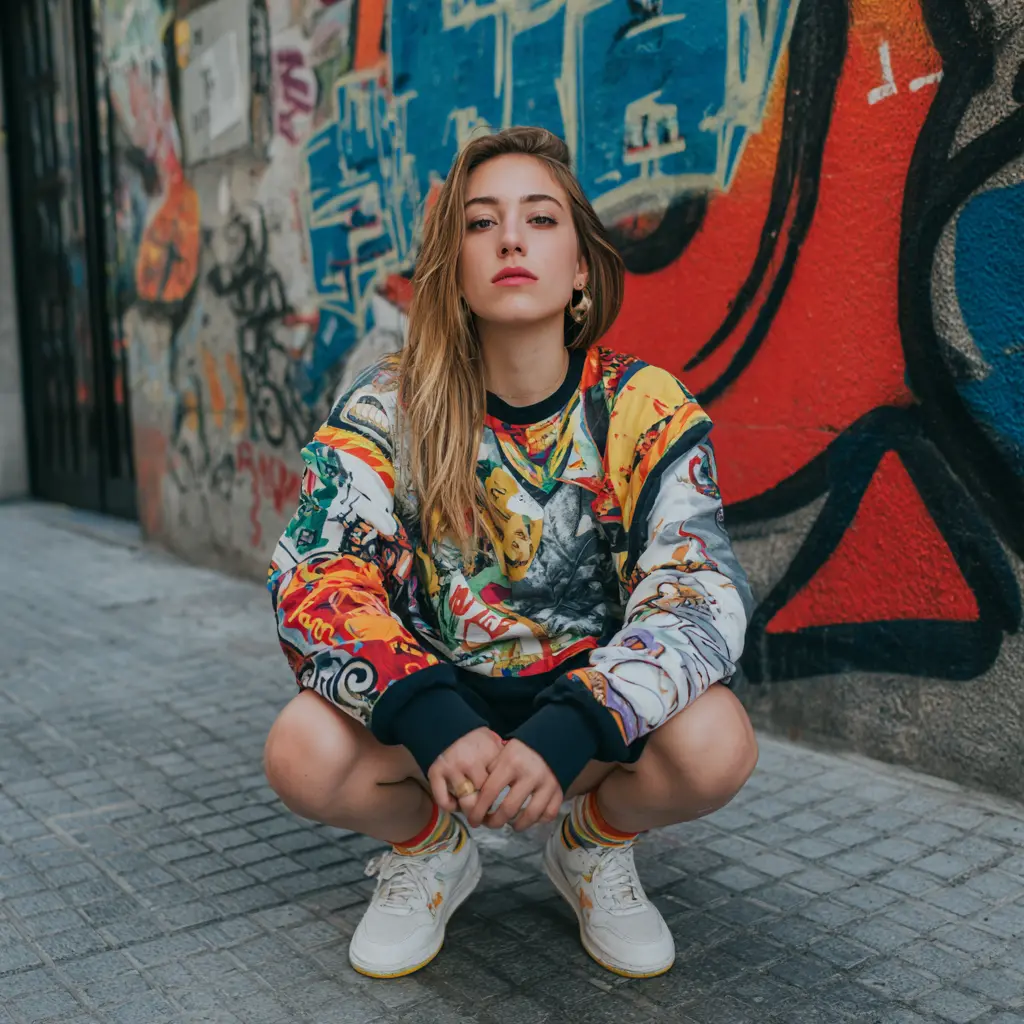 estilo streetwear mujer con sudadera gráfica y zapatillas urbanas en entorno graffiti