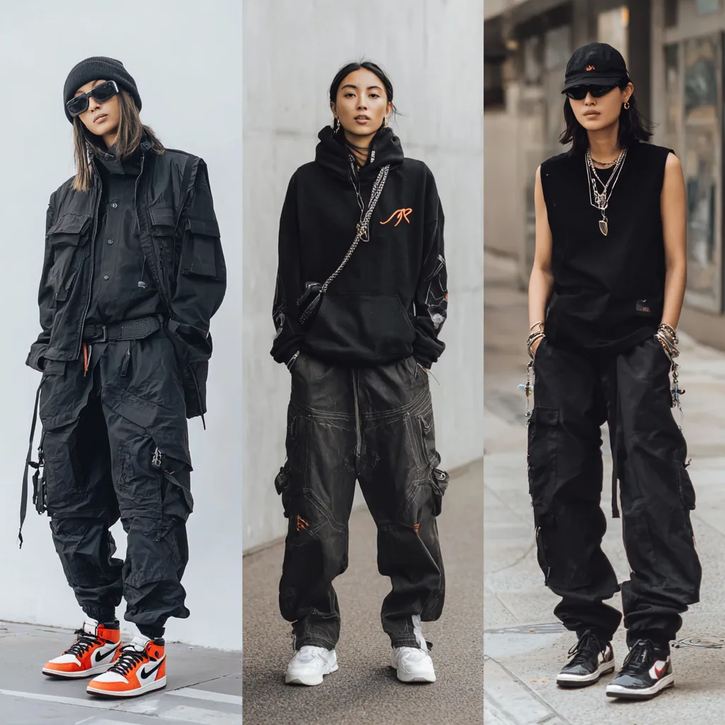 moda urbana mujer con pantalones cargo negros y estilo streetwear técnico